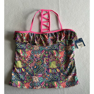 Arizona Jean Co Bright Multicolor Swimsuit Tankini Top Pink XL (18 1/2)